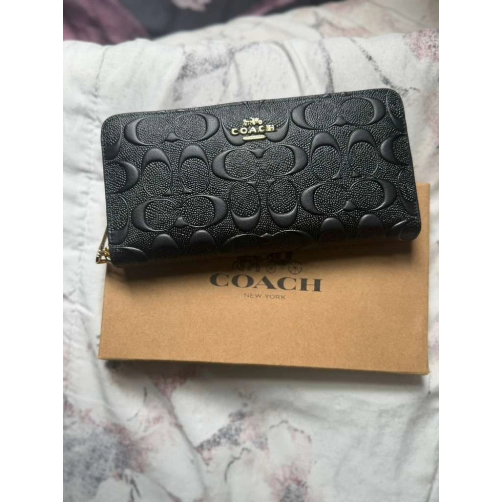 COACH Embossed Signature Black Leather Long Accordion Zip Wallet