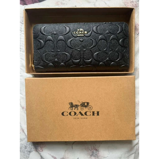 COACH Embossed Signature Black Leather Long Accordion Zip Wallet