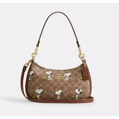 COACH Teri Shoulder Bag In Signature Canvas Gold/Tan/Brown New