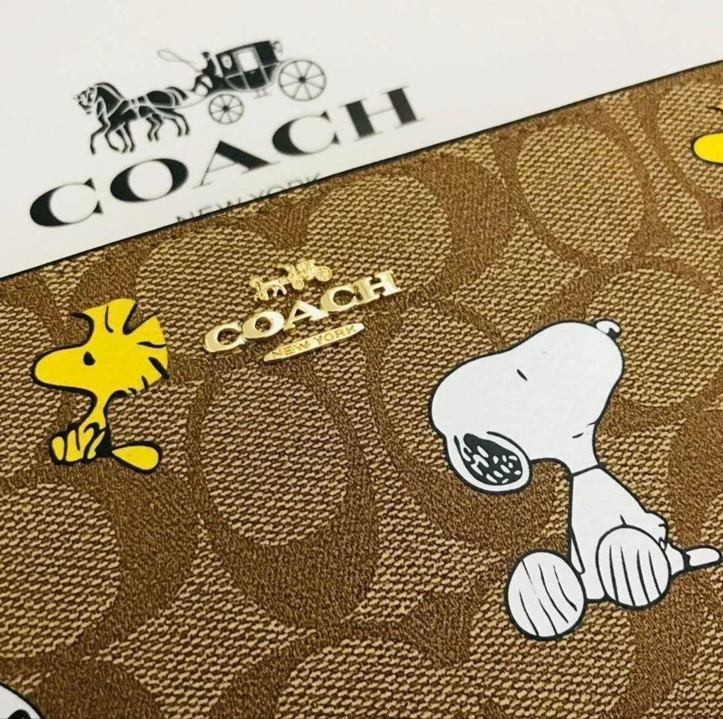 COACH x PEANUTS Long Zip around Wallet Snoopy Woodstock Khaki Signature F/S