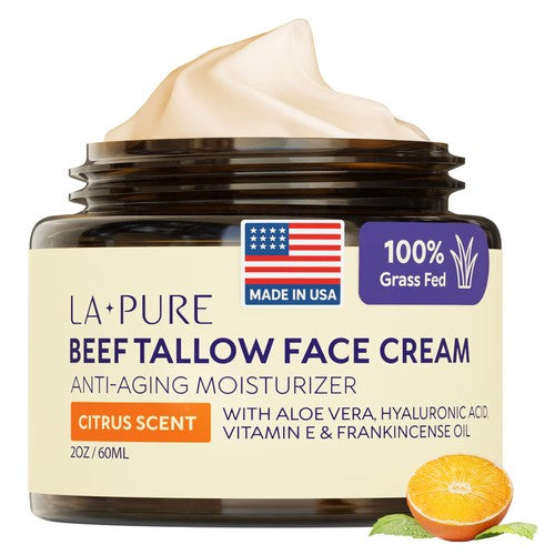 Beef Tallow Face Cream 2oz Grass-Fed with Aloe Vera & Hyaluronic Acid - Citrus