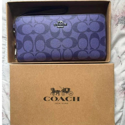 Coach Purple Signature PVC Zip Around Wallet Wristlet Leather